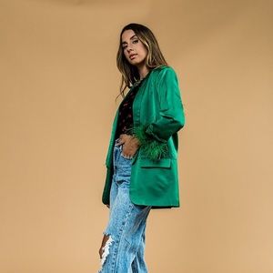 Dressed in LALA Date Night Feather Blazer in Green